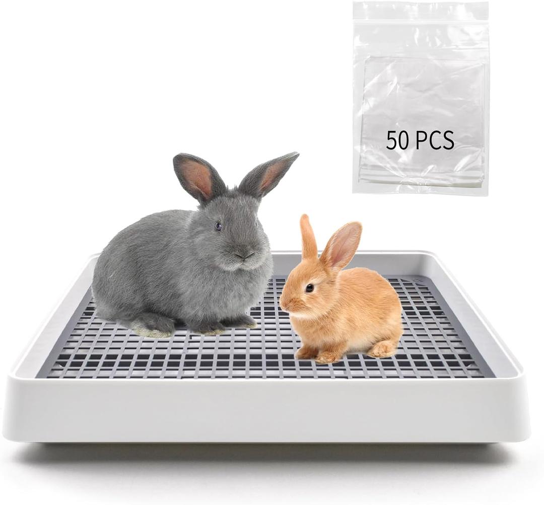 Large Rabbit Litter Box for Cage,Bunny Litter Box Grate Restroom with 50 Pcs Disposable Rabbit Cage Liner Guinea Pig Litter Pan with Grate Rabbits Litter Tray Pet Toilet for Rat Ferret Hamster