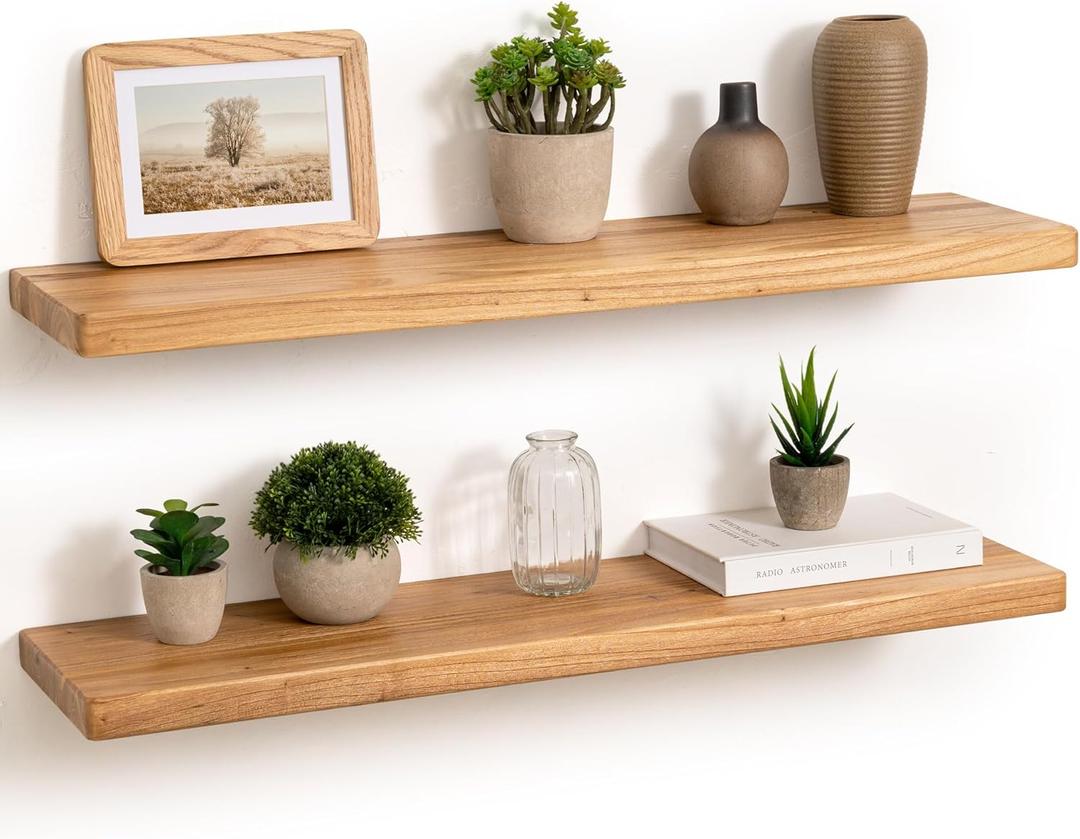 Floating Shelves 30" W x 8" D, Solid Elm Wood Shelves for Wall, 8 Inch Deep Floating Shelves for Home Storage & Display, Rustic Wooden Bathroom Shelves 30 Inch Long, Set of 2, Heavy-Duty Bookshelf