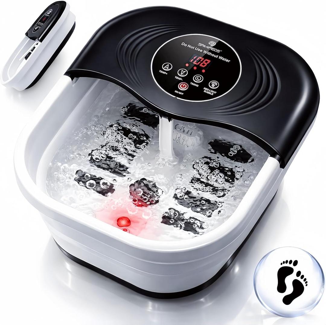 Collapsible Heated Foot Spa with Bubble and Red Light Temperature Control Foot Bath Massager and Soaking Tub Featuring 8 Shiatsu Massage Rollers Pumice Stone and Built-in Timer Ideal Gift for Wife,Mom (Dark Black)