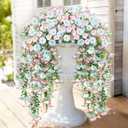 Artificial Hanging Flowers for Outdoors, 2 PCS 300 Blooms UV Resistant Morning Glory Faux Silk Vines, No-Odor Realistic Fake Plants for Garden Planter Porch Patio Decoration, Blue & White