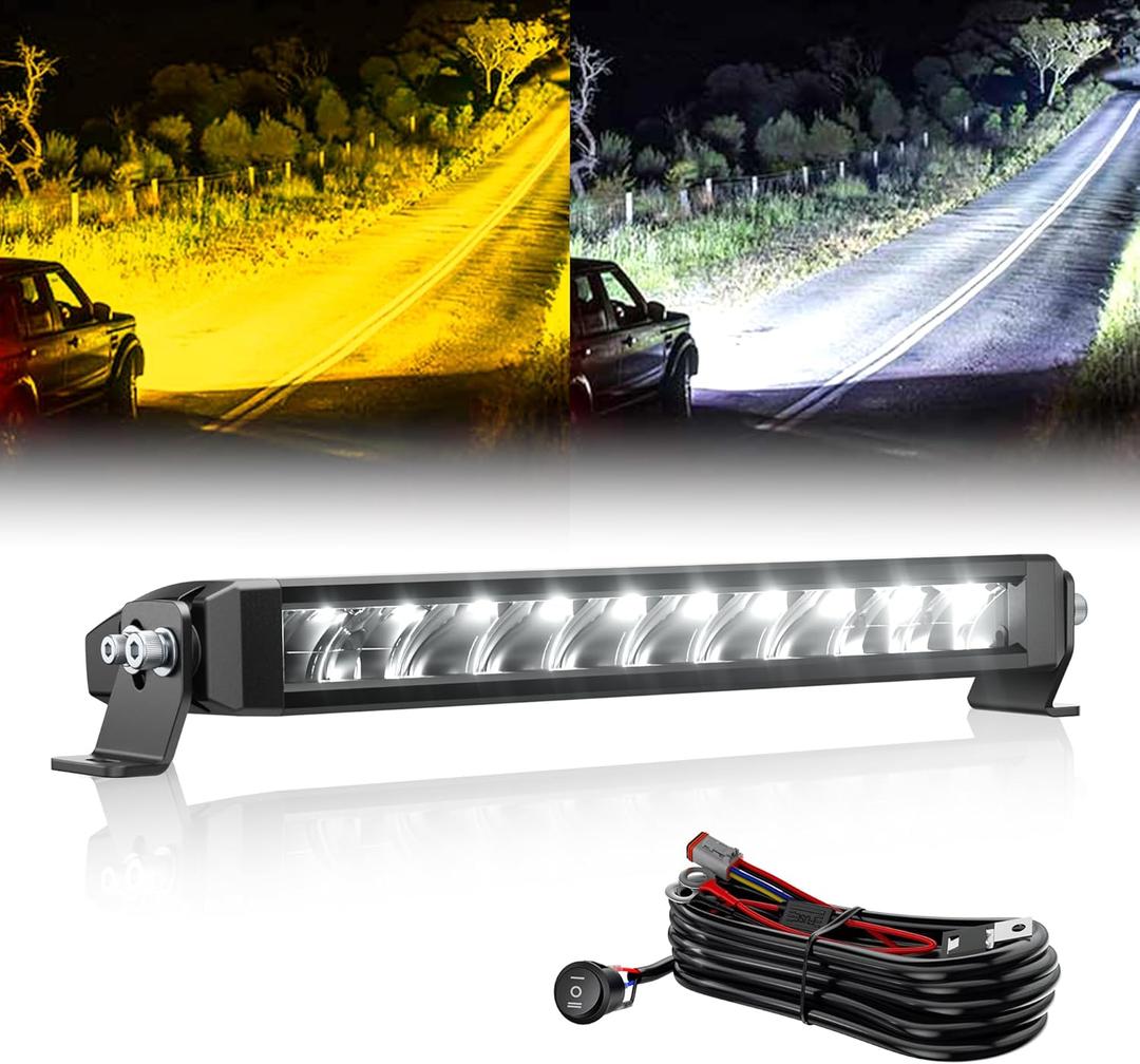 White Amber LED Light Bar 12 Inch Single Row 150W Super Bright Dual Color Slim Spot Flood Combo LED Work Light Driving Fog Lamp with Wiring Harness for Pickup Off Road Truck ATV UTV Boat