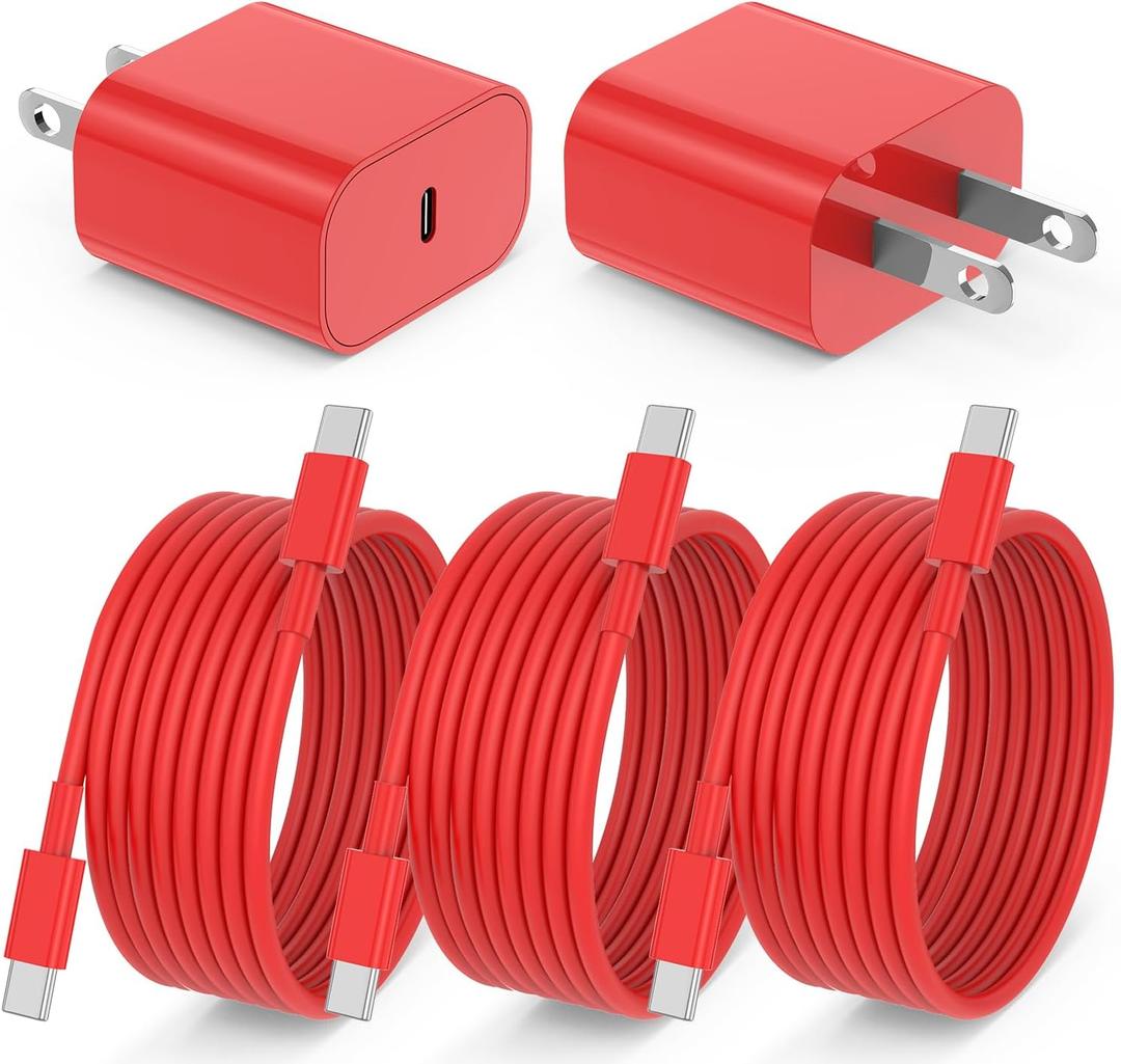 iPhone 15 Charger 10 Ft with 20w USB C Charger Block,2-Pack 20W Fast Wall Charger for 15/15 Pro/Pro Max/iPad Pro AirPods/Samsung and More, with 3 Pack 10ft USB-C Cable (Red)