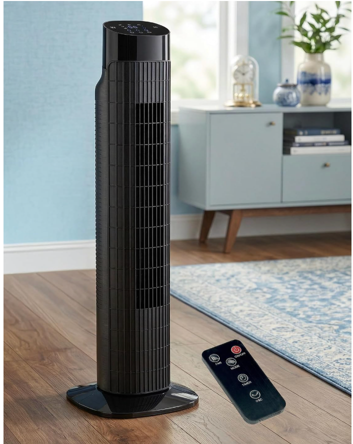 Tower Fan for Bedroom, 120° Oscillating Quiet Standing Bladeless Fan With Remote, 7.5H Timer, 3 Speeds, 3 Modes, for Room, Dorm, Office, Matte Black
