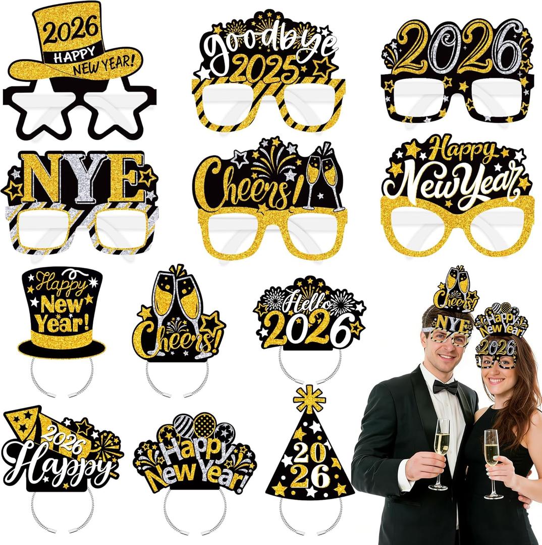 Lairyan 2026 New Years Eve Party Supplies - 12PCS Happy New Year Eyeglasses Headband for Photo Props New Years Decorations 2026 NYE Party Favors 2026