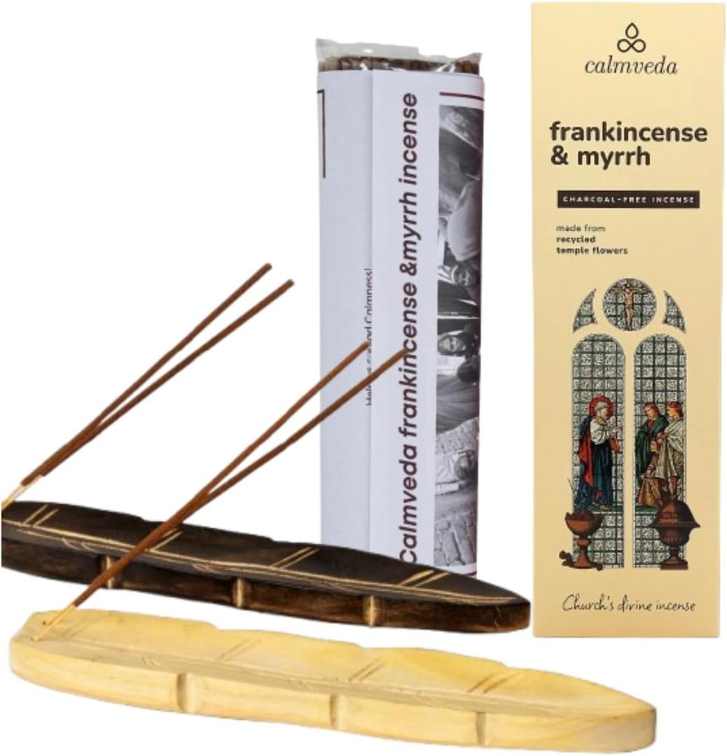 CALMVEDA, Frankincense and Myrrh Incense with Wooden Incense Holder (80 Sticks + 2 Holders) | Beautiful Natural Incense and Holder Combo for Home Decor and Spiritual Practice
