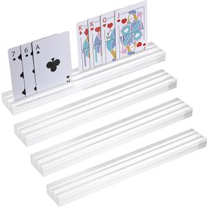 OwnMy Set of 4 Acrylic Playing Card Holders with Dual Grooves, 9.8" Length x 1.4" Width Clear Playing Card Decks Card Stands with 2 Slots, Acrylic Game Card Racks Organizer Accessories for Seniors