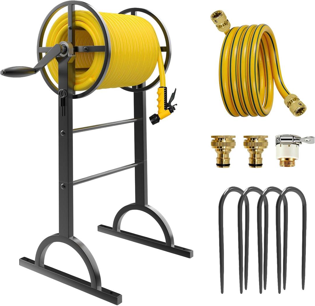 Garden Hose Reel with Handle Heavy Duty Metal Freestanding Water Hose Holder, Upgraded Retractable Hose Winder for Up 150FT 5/8" Hose, Perfect for Lawn, Yard & Outdoor Use
