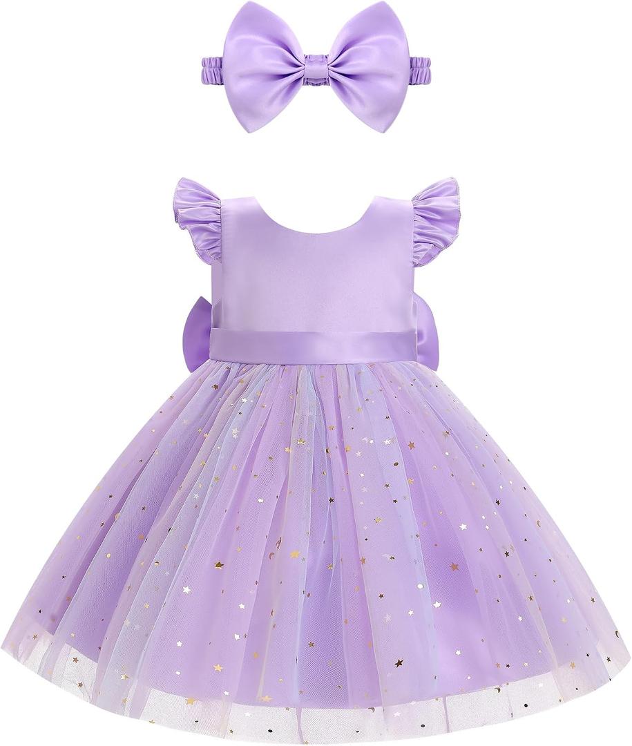 OBEEII Baby Girls Birthday Cake Smash Outfit Formal Baptism Photoshoot Tulle Dress Wedding Flower Girl Dress with Headband (Purple)