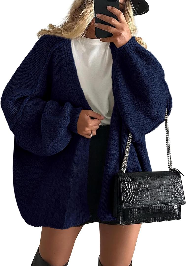 PRETTYGARDEN Womens Oversized Cardigan Sweaters 2026 Fall Long Lantern Sleeve Knit Open Front Lightweight Sweater (Small, Navy)