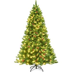 Goplus 6.5FT Pre-Lit Christmas Tree, Hinged Artificial Christmas Tree with 1100 Branch Tips, Sturdy Metal Stand and Pine Cones and Red Berries