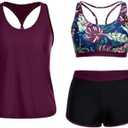 Yonique 3 Piece Athletic Tankini Swimsuits for Women with Shorts Swim Tank Tops with Sports Bra and Boyshorts Bathing Suits 16W