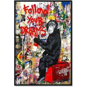 Tanmart Banksy Canvas Wall Art Monkey Follow Your Dreams Street Graffiti Wall Art Banksy Prints Gorilla Poster Monkey Artwork Graffiti Pictures Painting for Home Living Room Decor 16x24 Inch Unframed