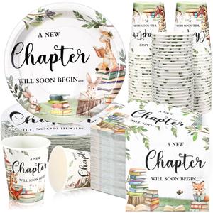 Hushee 200 Pcs Storybook Baby Shower Decorations Supplies A New Chapter Will Soon Begin Book Baby Shower Paper Plates Napkins Cups Library Reading Book Club Tableware Set for 50 Guest