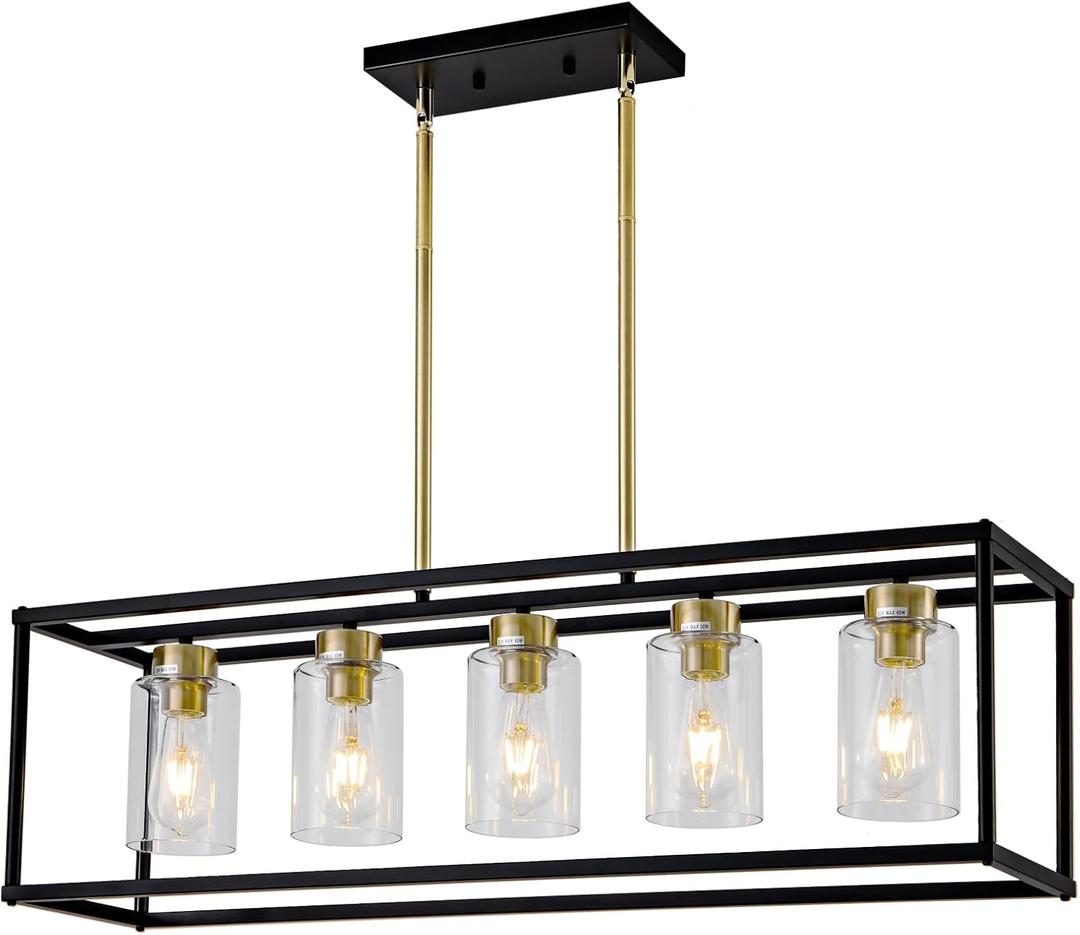 5 Light Dining Room Light Fixture Modern Farmhouse Chandeliers Over Table Black & Brushed Brass Gold Rectangular Pendent Lighting for Kitchen with Glass Shade Hanging Industrial Ceiling Light