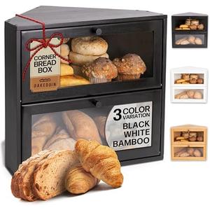 BakedBin Corner Bread Box for Kitchen Countertop - New 2025 Airtight Design - Extra Large, Double Layer Black BreadBox, Vintage Storage for Homemade Bread, Under Cabinet Organizer