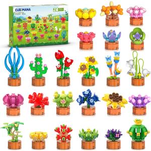 24 Pack Flowers Succulent Party Favors for Kids Building Set - 1012pcs Botanical Bonsai 3.6mm Mini Building Blocks Toy for Easter Basket Fillers Classroom Prize Stocking Stuffer Gift for Girl Boy 6+