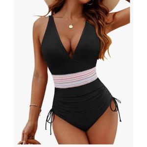 Blooming Jelly Women Tummy Control Swimsuits One Piece Slimming Modest Bathing Suit Color Block Drawstring Swim Suits XXL