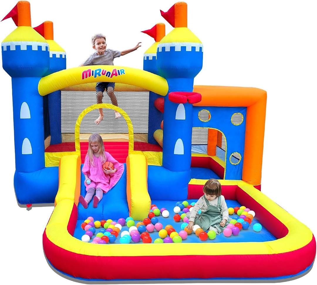 MIRUNAIR Inflatable Bounce House, Bouncy House for Kids 3-10 Ages, Jumping Castle with Air Blower,Carry Bag, Ball Pit, Basketball Hoop, Slide, 130 x 106 x 81 inches