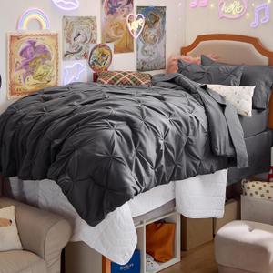 Bedsure Twin XL Comforter Set - Extra Long 5 Pieces Dorm Bedding Sets, GentleSoft Pinch Pleat Dark Grey Bed in a Bag with Pintuck Comforter, Sheets, Pillowcase & Sham