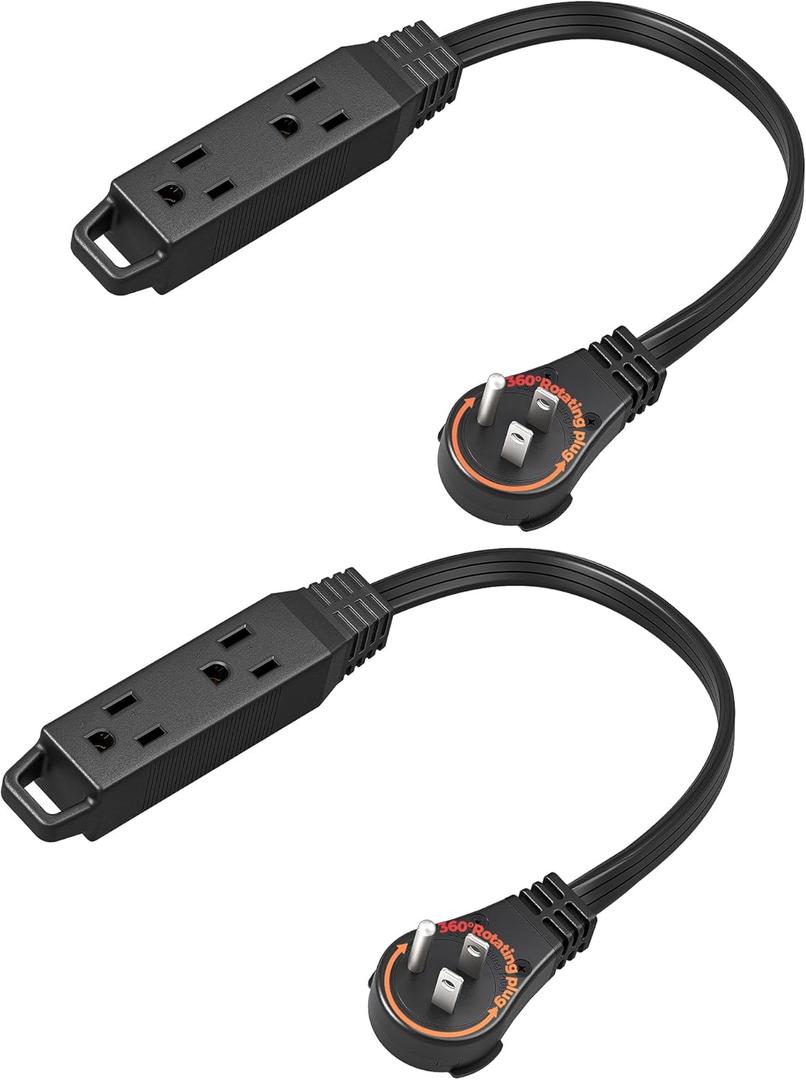 DEWENWILS 1FT 360 Rotating Flat Plug Extension Cord/Wire, 16AWG Multi 3 Outlet Extension Cord, 3 Prong Grounded Wire for Indoor Small Appliances, 2 Pack, ETL Certified, Black