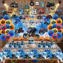 Monster Truck Birthday Decorations Party Decorations Set Include Truck Balloons, Tablecloth, Backdrop, Cake Cupcake Toppers, Hanging Swirls, Banner Monster Truck Party Supplies for Boys Birthday Decor