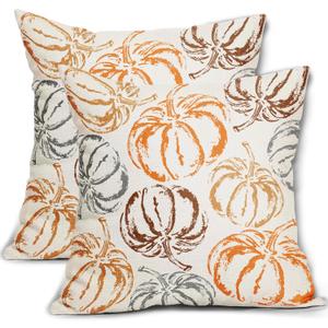 Fall Pillow Covers 18X18 Inch Set of 2 Burnt Orange Brown Grey Pumpkin Decorative Pillow Cases Autumn Harvest Thanksgiving Cotton Linen Cushion Case Holiday Home Decor For Sofa Bed Couch Outdoor
