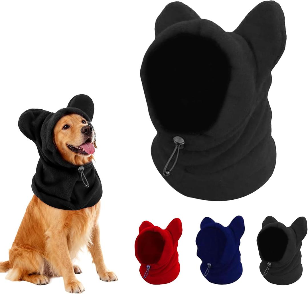 Dog Snood Winter Hood with Ear Protection, Fleece Neck Warmer for Dogs, (Black, Small)