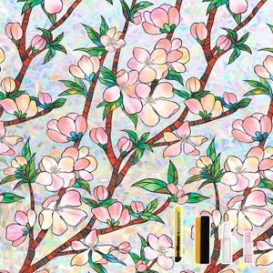 NINETREX Window Privacy Film, Stained Glass Window Film Cling, Pink Blossom Rainbow Vinyl Static Stickers, Blocks Heat & UV Non-Adhesive for Home Door (Peach Blossom,17.5 x 78.7inch)