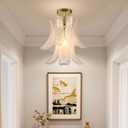 Modern Floral Pendant Light, Frosted Glass Petals Chandelier with Gold Finish,Single Light Hanging Fixture for Dinning Room,Living Room,Hallway.Size D15.94 xH13.97, Small