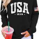Womens 4th of July Sweatshirts American Flag Crewneck Long Sleeve Sweater Loose Tops Fall Winter Clothes (Black), XL