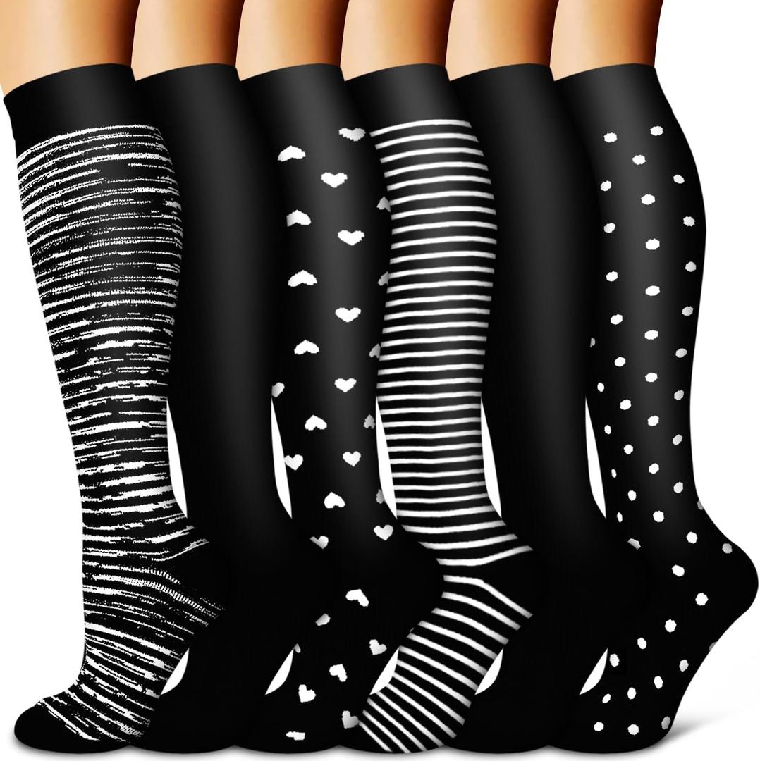 Copper Compression Socks for Women & Men (6 pairs) - Best Support for Nurses, Running, Hiking, Recovery (Black, M)