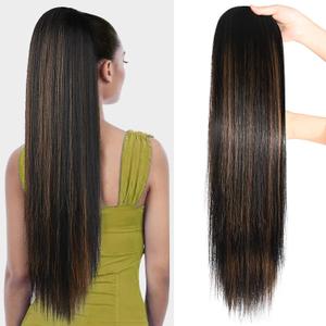 SEIKEA Ponytail Extensions Drawstring Long Straight Fake Pony Tail Natural Soft Clip in Hair Extension Synthetic Heat Resistant Hairpiece 28 Inch Ombre Black Roots Black Caramel Blonde Highlights (28 Inch 155G (Pack of 1))