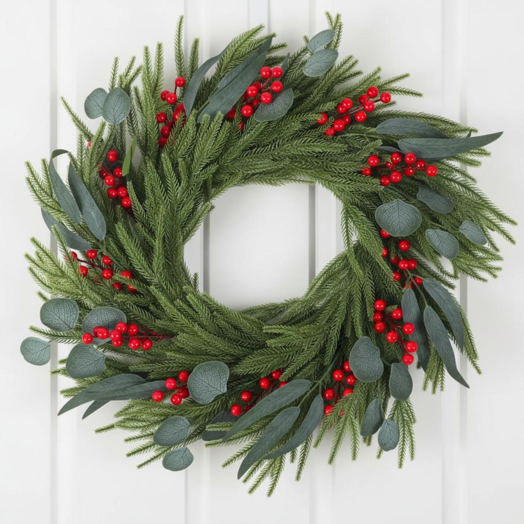 24" Christmas Winter Wreaths for Front Door, Artificial Norfolk Pine Eucalyptus Branches Christmas Door Wreath for Home Office Outdoor Farmhouse Festival Decoration(Eucalyptus)