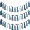 Syhood 3 Pcs Colorful Pom Pom Tassel Garland Classroom Each 50'' Boho Rainbow Felt Garlands Tassel Banner Birthday Baby Shower Boho Decoration for Nursery Wall Bedroom Home Decor(Morandi Color)