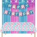 Hawaii Birthday Party Decorations Include Hibiscus Flowers Tablecloth and Hibiscus Flowers Birthday Banner, Blue Pink Foil Fringe Curtain for Hawaii Backdrops Decorations Suppiles