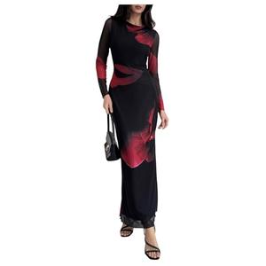 Milumia Women's Tie Dye Mesh Bodycon Dresses Floral Long Sleeve Maxi Dresses Cocktail Party Black Medium