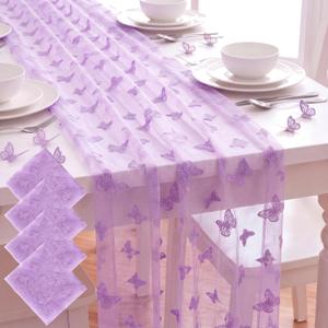4 Pcs Butterfly Table Runner 29 x 70 Inch Purple Flocking Butterfly Tulle Table Runner for Wedding Birthday Baby Shower Home Dining Seasonal Decor DIY Craft