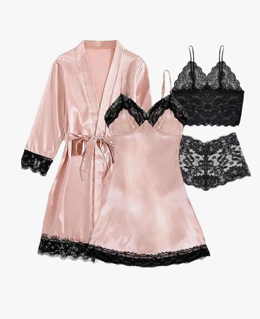 Hellomamma Women's Silk Pajama Set: 4-Piece Satin Robe Lingerie Sexy Sleepwear Lounge Set for Brida Wife Girlfriend M