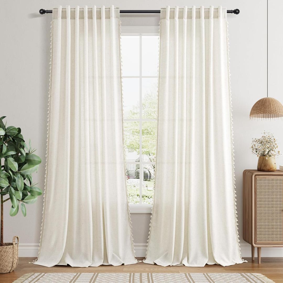 Naturoom Cream Linen Boho Curtains 94 Inch Length 2 Panels Farmhouse Vintage Chic Window Curtain Tassels Back Tab Rod Pocket Curtains for Bedroom Living Room Light Filtering 52X94