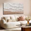 LEVERUP Textured Beach Wall Art Abstract Ocean Waves Canvas 24"x48" White and Sand Coastal Decor for Living Room Bedroom Ready To Hang