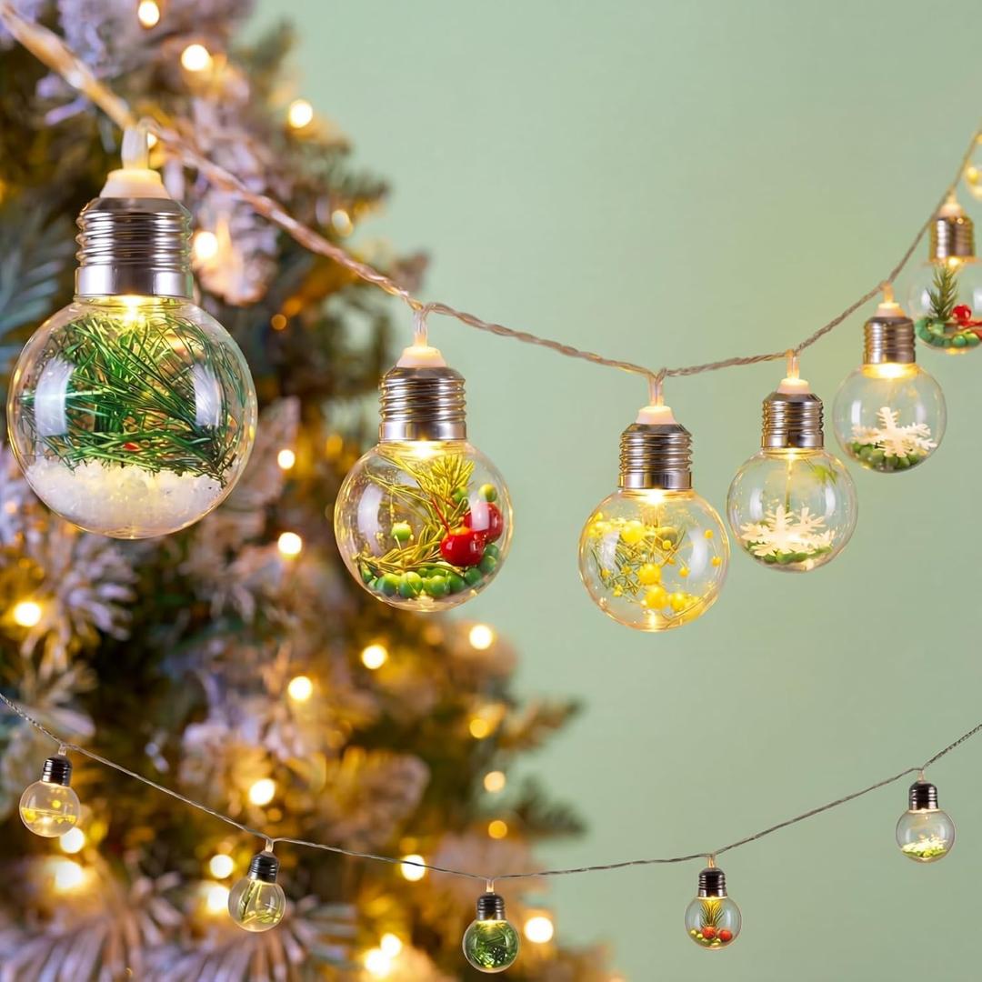 Aurelema Christmas Tree Snow Globe String Lights 6.56 FT 10 LED Xmas Light Balls with 5 Christmas Figurines Constant Vintage Decor Lighting for Indoor Outdoor Xmas Party Decoration(Green)