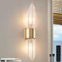 Battery Operated Wall Sconce 2-Light Modern Crystal Wall Sconces Gold Vanity Wall Light with Frosted Glass Luxury Wall Light Fixtures for Bedroom Living Room Dining Room Vanity Mirror Light