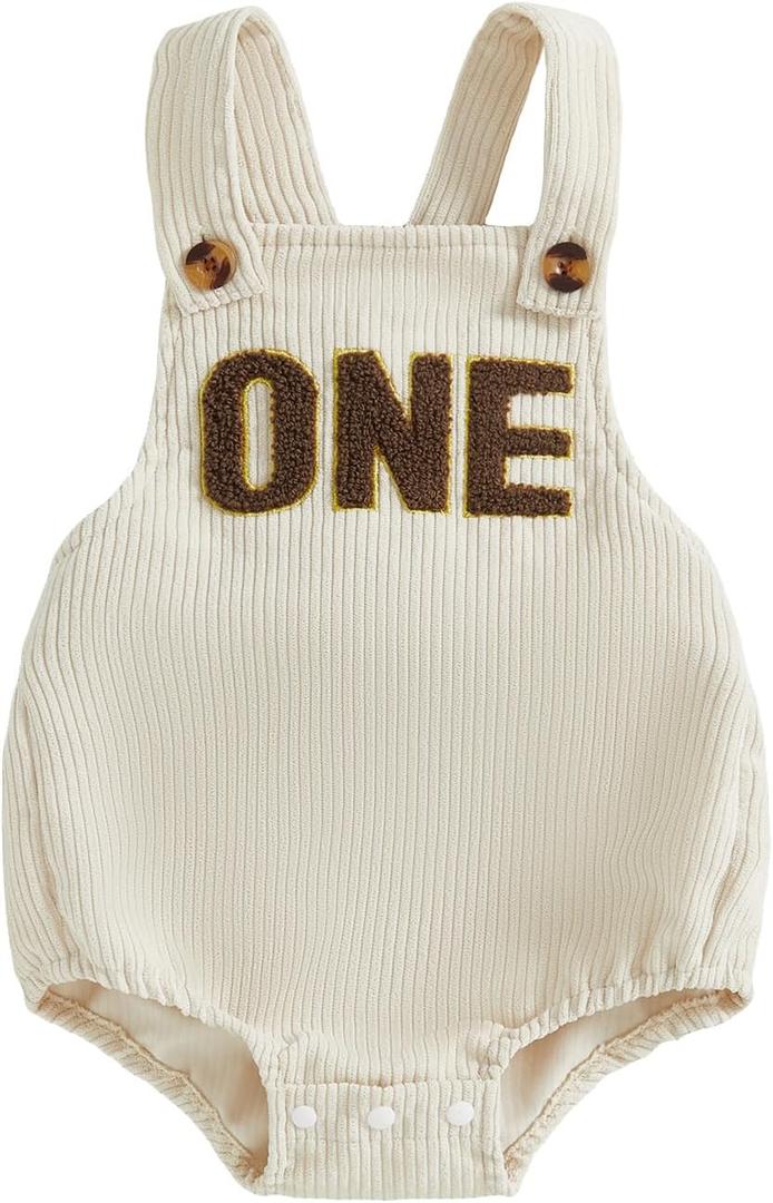Honganda Baby Boy First Birthday Outfit Sleeveless Corduroy Overalls Letter One Cake Smash Romper for 1st Birthday Party (12-18 Months, Beige)