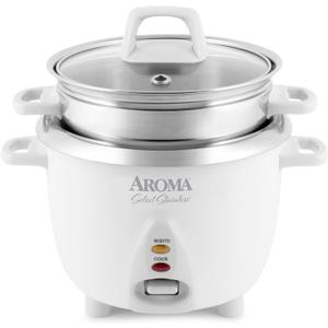 Aroma Housewares 6-Cup (Cooked yield ) / 1.2Qt. Select Stainless Pot-Style Rice Cooker, & Food Steamer, One-Touch Operation, White