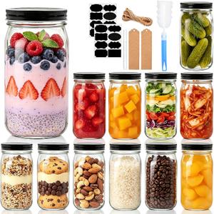 QAPPDA 32 OZ Glass Jars with Lids Set of 12,Clear Wide Mouth 1000ML Glass Mason Jar with Airtight Lid,Durable Glass Food Storage Canning Jars for Pickles,Jams,Preserving