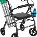 Oxygen Tank Holder for Walker and Rollator Fits D and E Cylinders for 1 inch to 1 1/8 inch 25 to 28.6 mm Tubes ONLY Steel Bracket with Secure Straps and Cup Holder Check Fit Before Purchase