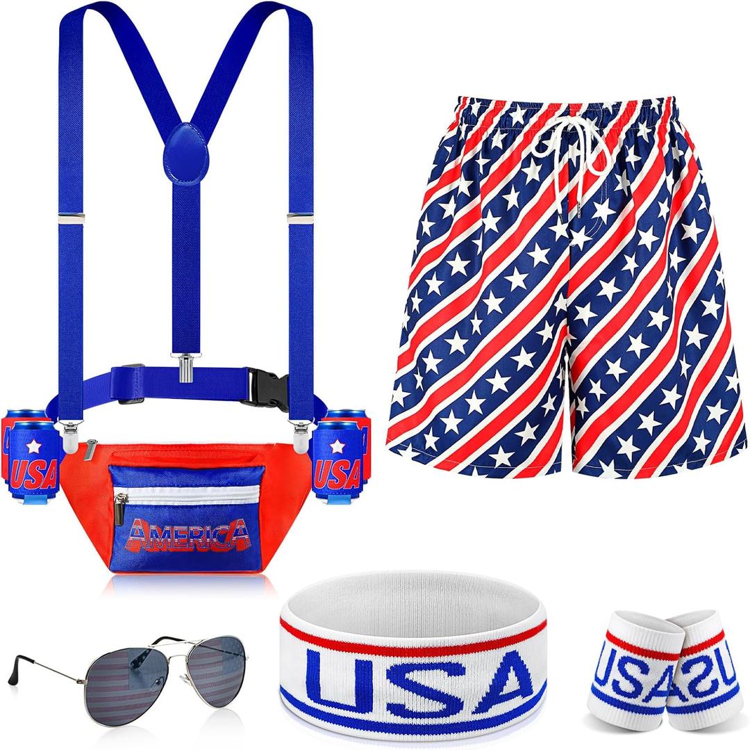Mepase Patriotic Fanny Pack Outfits for Men USA American Flag Fanny Pack Beer Belt Short Sunglasses Wristband Headband(Small)
