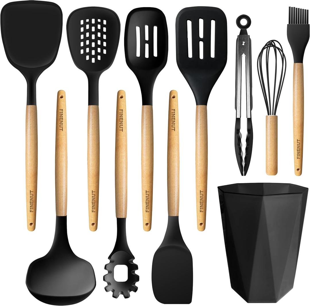 Silicone Cooking Utensils Set 11PCS -BPA-Free&Non-Toxic 446F Heat Resistant,Wooden Handle Kitchen Tools for Nonstick Cookware,Heat Resistant&Scratch-Proof Includes Spatula/Turner/Ladle(Black)
