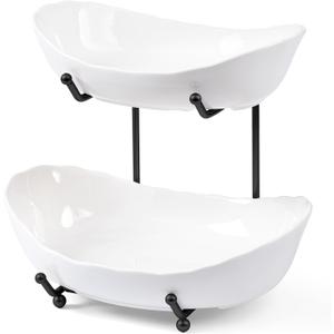 HBlife Fruit Bowl for Kitchen Counter - 2 Tier Ceramic Fruit Rack, Fruit Basket for Fresh Fruit&Veggies, Tiered Fruit Platter Serving Trays for Party