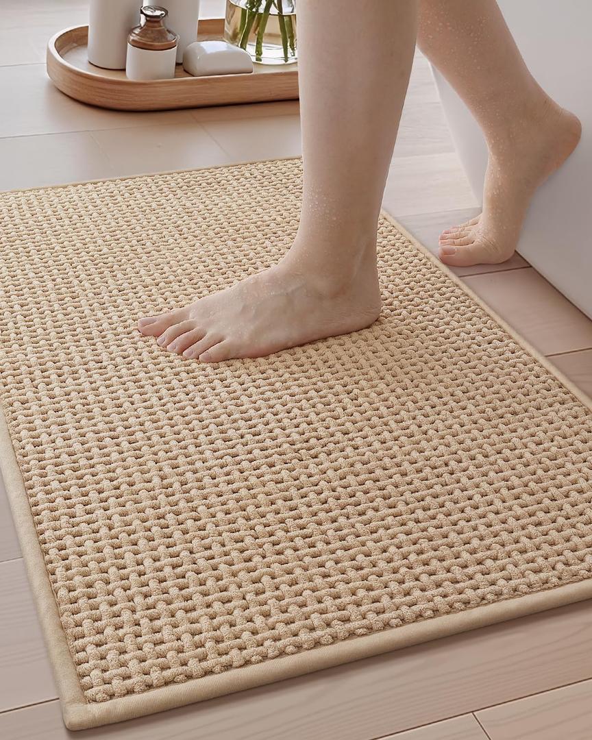 Color&Geometry Chenille Pile Large Bathroom Rugs Upgraded Denser, 44"x 17.5" Non Slip Absorbent Beige Bath Mats for Bathroom Thin Fit Under Door, Washable Quick Dry  